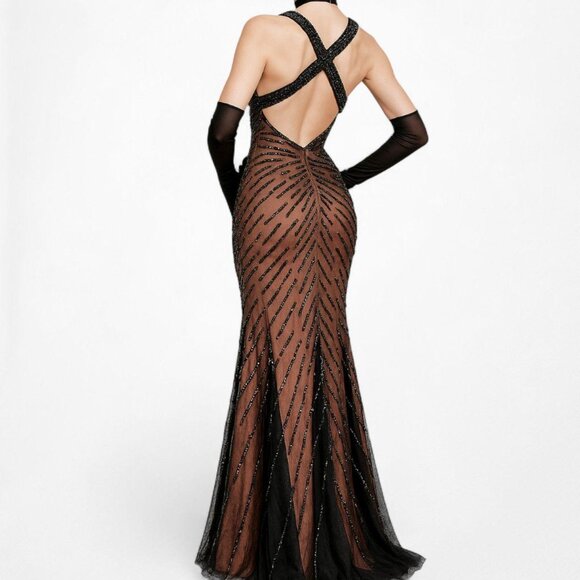 Vintage Y2K Brown Black Beaded Bodycon Fishtail Mesh Maxi Prom Dress Size XS/S - Picture 3 of 8